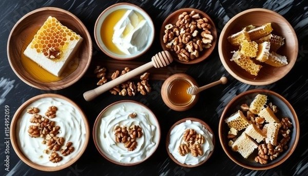 Fototapeta Greek Yogurt Dessert Platter with Honey, Nuts, and Honeycomb on a Marble Surface