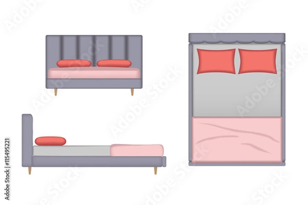 Fototapeta Realistic Bed Illustration. Top, Front, Side View for Your Interior Design. Scene Creator