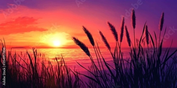 Fototapeta Cat tails silhouetted against a stunning sunset backdrop, creating a picturesque scene where cat tails dance softly in the evening light, enhancing the beauty of nature.