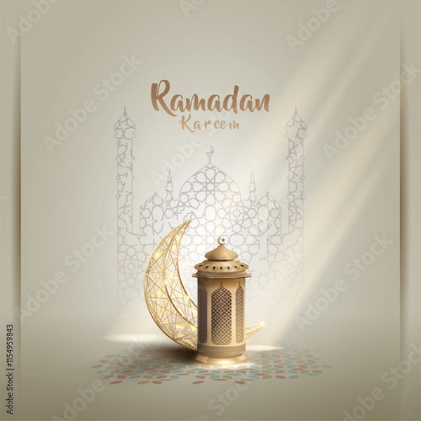 Fototapeta islamic greetings ramadan kareem card design with unique lanterns and crescent moon