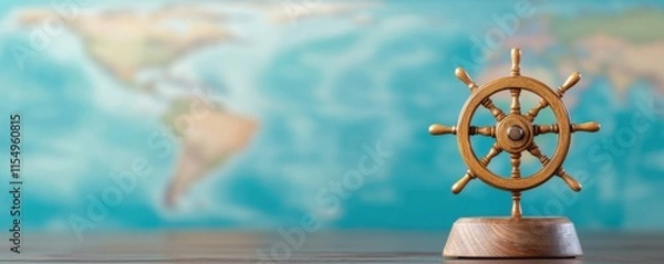 Fototapeta Navigating the seas of adventure ship wheel against world map nautical decor calm environment close-up view travel concept