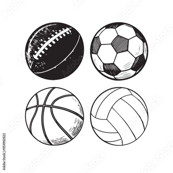 Fototapeta Set of sport ball vector collection isolated on white background. black Vector illustration. American Football, soccer, basketball, volleyball. Line style