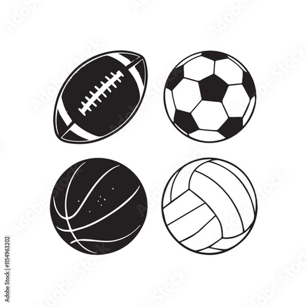 Fototapeta Set of sport ball vector collection isolated on white background. black Vector illustration. American Football, soccer, basketball, volleyball. Line style