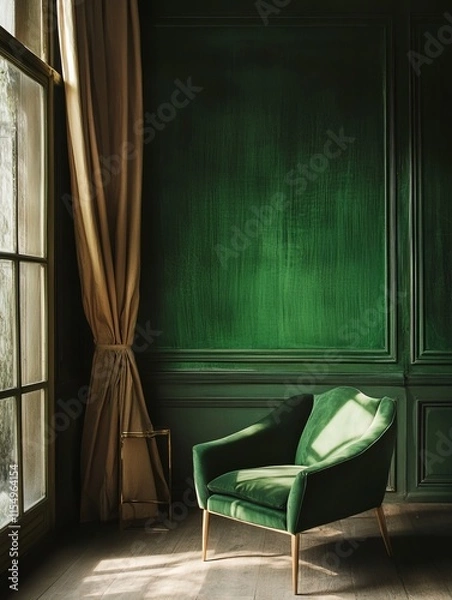 Fototapeta Green velvet armchair in a sunlit room with green walls