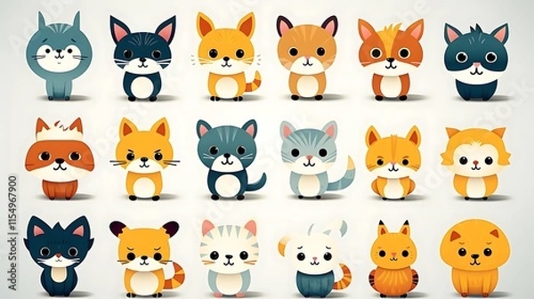 Fototapeta Collection of cute cartoon cats and kittens in various colors and poses.