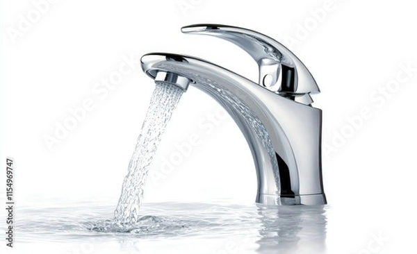 Fototapeta Chrome faucet with water flowing into basin.