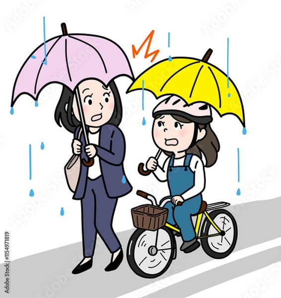 Obraz 雨の日に傘さし自転車と接触する人（道路込み・カラー）