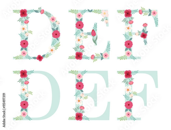 Fototapeta Cute vintage alphabet letters with hand drawn rustic flowers isolated on white background