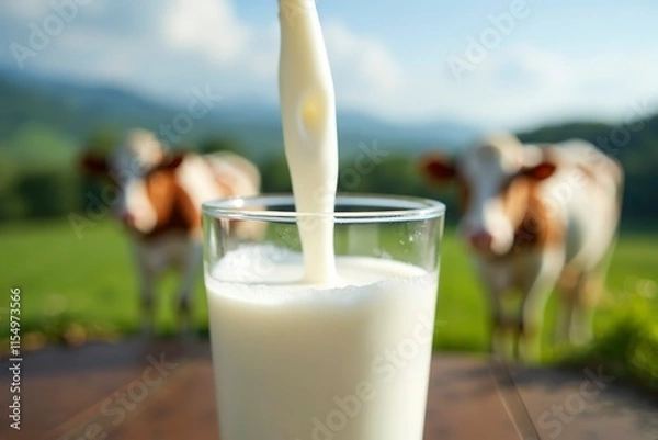 Fototapeta Fresh milk pouring into a clean glass, symbolizing safety and quality, with a focus on the pure white stream and dairy farm essence.