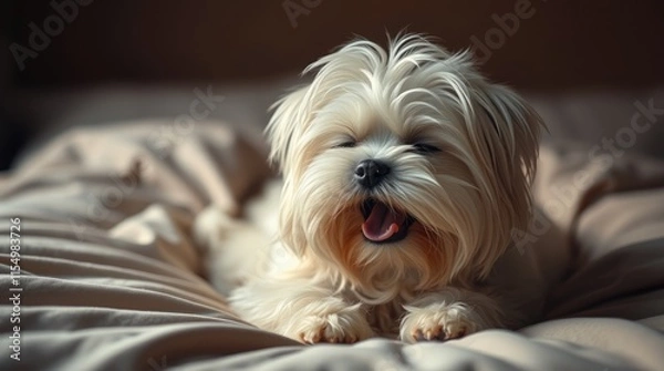 Fototapeta A small dog stretches and yawns on a plush bed, showcasing its fluffy fur and relaxed demeanor in a warm, inviting room with soft lighting