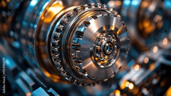 Fototapeta Close-up of intricate metallic industrial machinery gears.