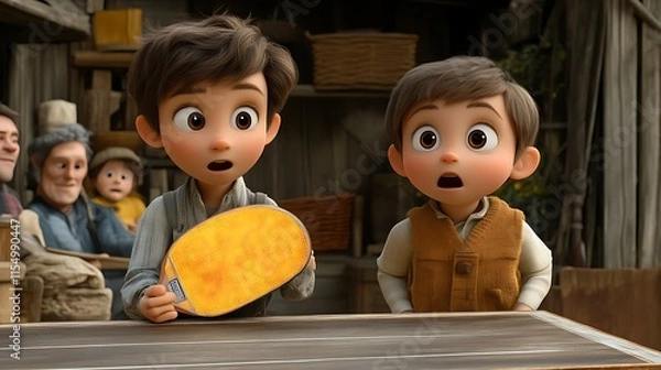Fototapeta Two animated boys with surprised expressions hold a mysterious yellow object.
