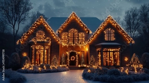 Fototapeta Festive house adorned with Christmas lights at night.