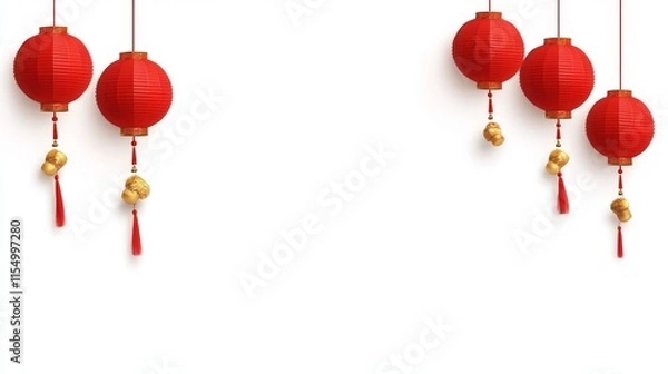 Fototapeta Hanging red Lunar New Year lanterns on plain white backdrop