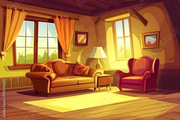 Fototapeta Cozy Rustic Living Room Interior Design with Warm Sunlight Streaming Through Windows