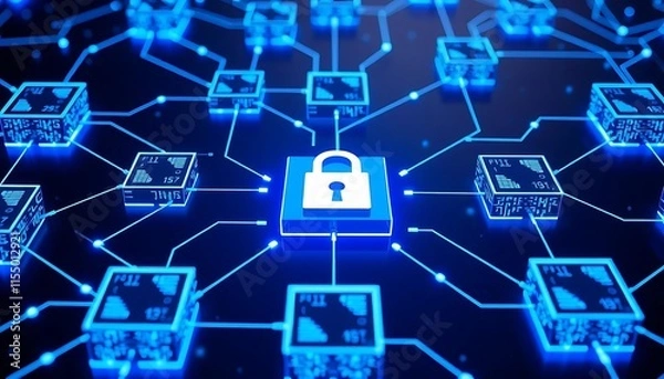 Obraz conceptual blockchain, with interconnected digital blocks glowing in blue