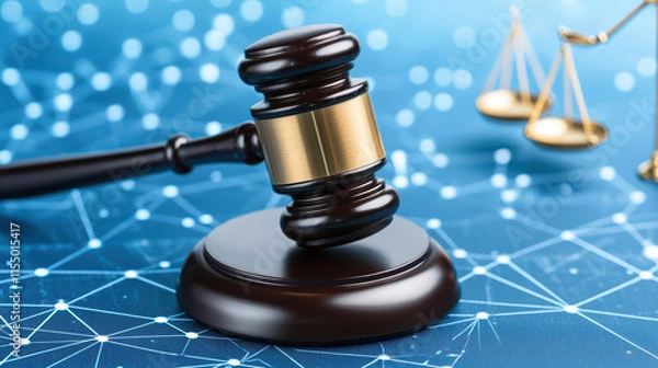 Fototapeta close up of gavel on digital background representing law and justice. image conveys sense of authority and legal proceedings