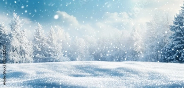 Fototapeta Serene Winter Landscape with Snowfall Over a Tranquil White Field and Frosty Evergreen Trees Under a Bright Blue Sky on a Clear Cold Day