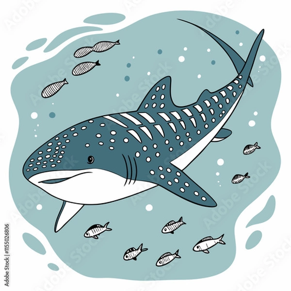 Obraz A peaceful illustration of a whale shark gently swimming while feeding on plankton, capturing the serene beauty of ocean life.