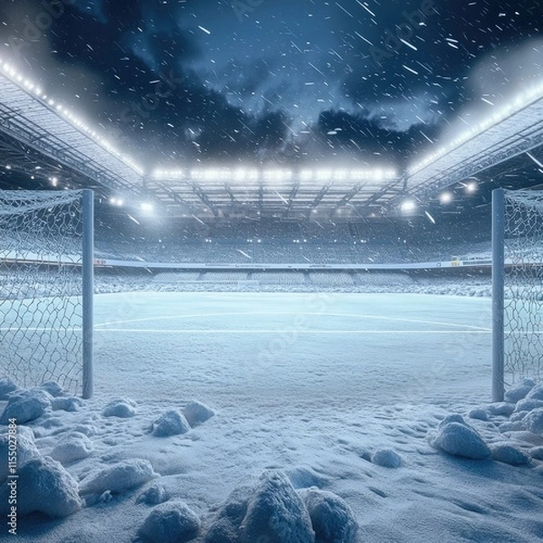 Obraz A snowy soccer stadium illuminated under dramatic lighting.
