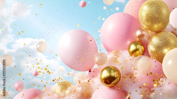 Obraz vibrant scene of pink and gold balloons floating against blue sky, creating festive atmosphere