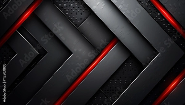Fototapeta Futuristic technology abstract background featuring dark metallic chevrons and glowing red accent