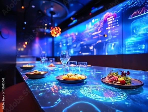 Fototapeta Immersive underwater dining experience.  Luminous tables and ceiling projections create a magical ambiance in this upscale restaurant.