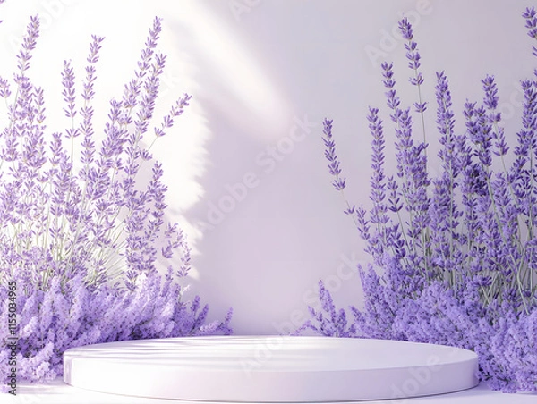 Obraz White circular podium surrounded by lavender flowers on white background