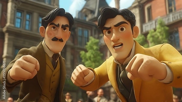Fototapeta Two animated men in yellow suits, fists clenched, confrontational pose.
