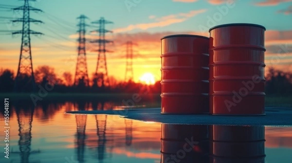 Obraz Discarded Barrels Under Power Lines at Sunset