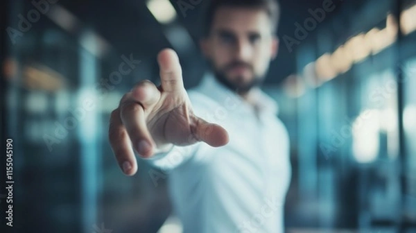 Obraz A man in white shirt extends his hand in a gesture of wanting to help or assist, blurred focus on his hand and body, modern office interior with glass walls