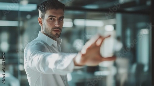 Obraz A man in white shirt extends his hand in a gesture of wanting to help or assist, blurred focus on his hand and body, modern office interior with glass walls