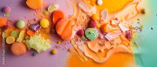 Fototapeta Vibrant abstract food art. Colorful candies, fruits, and sweets arranged on a dynamic background. Perfect for food blogs, packaging, or creative projects.