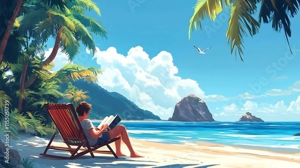 Fototapeta A person reading a book while lounging on a beach chair by the ocean