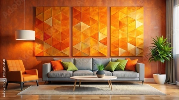 Obraz Abstract geometric wall art in vibrant orange hues, adding a modern touch to a stylish living room interior , geometric