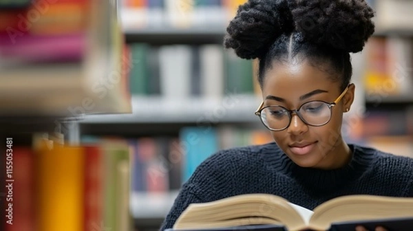 Obraz A student reading a textbook in a university library surrounded by stacks of books