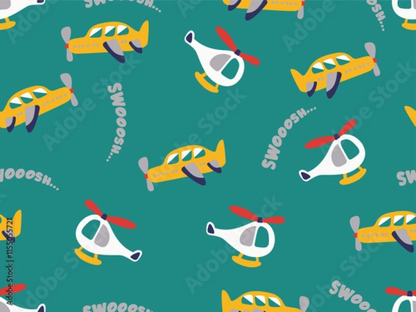Fototapeta CUTE DOODLE HELICOPTER CHOPPER AND GLIDER SEAMLESS PATTERN ON BLUE BACKGROUND, TRANSPORT SEAMLESS PATTERN IN VECTOR