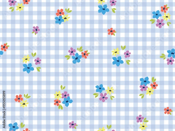 Fototapeta SEAMLESS FLORAL PATTERN ON GINGHAM CHECK BACKGROUND. IDEAL NIGHTWEAR, SLEEPWEAR WOMENS LINGERIES. SEAMLESS FLORAL PATTERN IN VECTOR