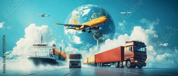 Fototapeta Exploring global transportation's connections with ships, planes, trucks, and trains against a vibrant globe