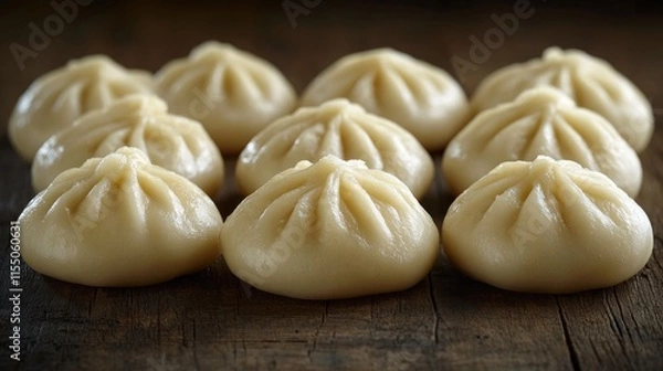 Fototapeta Fresh uncooked steamed buns arranged on a rustic wooden surface.