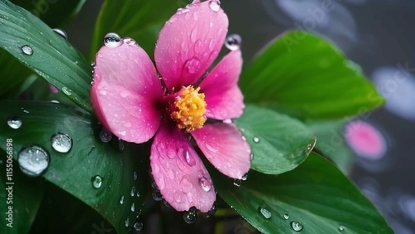 Fototapeta a pink flower with green leaves in a wet area, some are not covered by the drops
