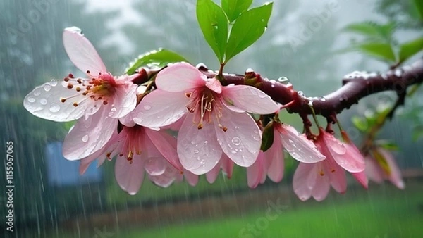 Fototapeta three flowers sit on the branch of a tree in the rain under a green background