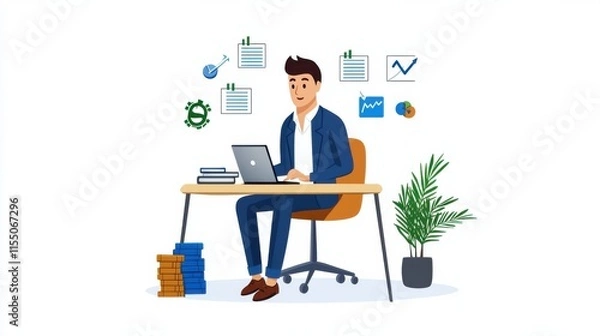 Fototapeta Focused Businessman Working on Laptop at Office Desk with Organized Workspace