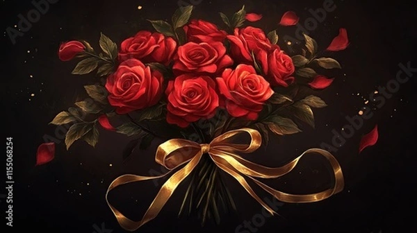 Fototapeta Elegant Bouquet of Red Roses with Gold Ribbon