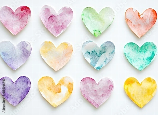 Fototapeta watercolor pastel color heart shape paper cutouts on white background. happy valentines day consept
