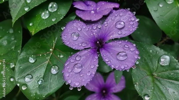 Obraz a close up of rain drops on a flower with leaves on it's petals