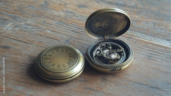 Fototapeta Antique Pocket Watch Mechanism on Wooden Surface