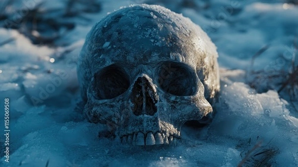 Fototapeta Frosty Skull on Snowy Ground in a Chilling Winter Landscape