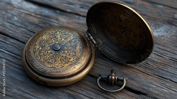 Fototapeta Antique Brass Pocket Watch with Intricate Gold Design on Wooden Surface