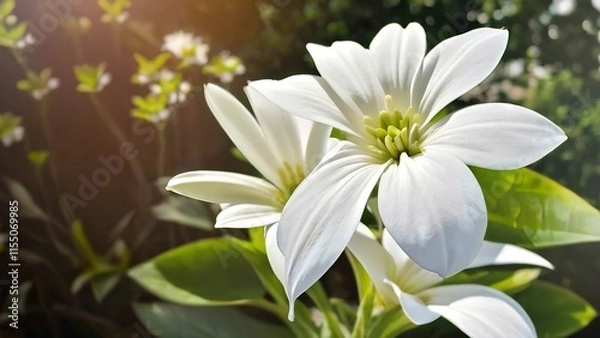 Fototapeta a close up of white flowers on a tree branch by a window sill against the sunlight